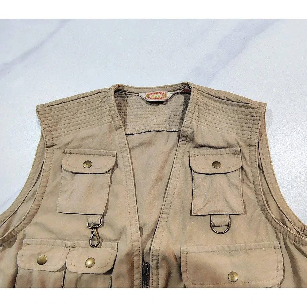 Vintage 80s Banana Republic Safari Vest Mens L Tan Khaki Cotton Utility Fishing